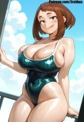 ai_generated blue_sky blush boku_no_hero_academia breasts brown_eyes brown_hair cleavage cloud covered_navel curvy day erothus female highleg highleg_swimsuit huge_breasts large_breasts looking_at_viewer my_hero_academia ochako_uraraka one-piece_swimsuit short_hair sky smile solo swimsuit thick_thighs thighs tongue tongue_out uraraka_ochako wet