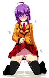 ahoge black_legwear blazer blush cum cumdrip female heart heart-shaped_pupils jikkyou_powerful_pro_yakyuu kaname_nagi looking_at_viewer necktie no_panties plaid plaid_skirt pubic_hair purple_eyes purple_hair pussy_juice rokudou_hijiri school_uniform simple_background skirt skirt_lift solo symbol-shaped_pupils thighhighs trembling vibrator white_background