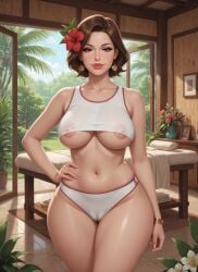 1girls ai_generated areola_slip bangle belly_button brunette_hair cameltoe erect_nipples_under_clothes eyelashes female flower_in_hair hand_on_hip hoop_earrings indoors large_breasts lipstick massage_table masseuse midriff milf mommy nipple_bulge nipples_visible_through_clothing one_hand_on_hip outdoor_background palm_leaf pelvic_line potted_plant revealing_clothes rgomez007 seductive_look self_upload short_hair skimpy_clothes smiling_at_viewer solo_female stable_diffusion thick_lips thick_thighs tight_clothing underboob vase voluptuous warm_lighting wide_hips