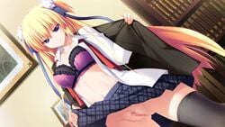 blonde_hair bra censored game_cg long_hair purple_eyes school_uniform shiina_sayane skirt skirt_lift soukoku_no_arterial thighhighs underwear undressing yakuri