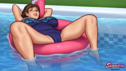 1girls 2d 2d_(artwork) arms_behind_head arms_up bathing_suit big_breasts breasts darkcookie debbie_(summertime_saga) digital_drawing_(artwork) digital_media_(artwork) female female_focus female_only floatie hi_res highres large_breasts legs_apart legs_spread light-skinned_female light_skin milf one-piece_swimsuit pinup pool pose posing posing_for_the_viewer see-through_swimsuit shiny_skin summertime_saga swimsuit watermark wet wet_body wet_skin