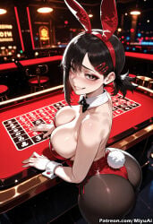 1girl ai_assisted ai_generated animal_ears ass bar bare_shoulders black_hair black_legwear black_leotard black_neckwear blush bow bowtie breasts brown_legwear bunny_ears bunny_girl bunny_tail bunnysuit chainsaw_man curvaceous curvy curvy_female curvy_figure detached_collar fake_animal_ears fake_tail female hair_ornament hairclip higashiyama_kobeni large_breasts leotard long_hair looking_at_viewer looking_back miyuai pantyhose poker_chip red_leotard smile solo strapless strapless_leotard tail thick thick_ass thick_butt thick_hips thick_legs thick_thighs voluptuous voluptuous_female wide_hips wide_thighs wrist_cuffs