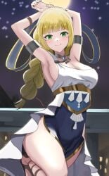 1girls arms_up blonde_hair cleavage dancer dancer_outfit dancing fire_emblem fire_emblem:_three_houses green_eyes ingrid_brandl_galatea looking_at_viewer medium_breasts nintendo smile tarutaru193 thighs