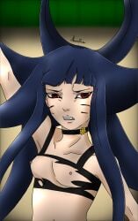 1female angry angry_expression angry_face birthmark black black_choker black_clothing boruto:_two_blue_vortex choker female female_focus female_only long_hair maristea navy_blue_hair red_eyes short_shirt signature small_breasts torn_clothing uzumaki_himawari