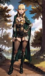 ai_generated armor blonde_hair elf elf_ears futanari goth green_eyes piercings stockings tattoos