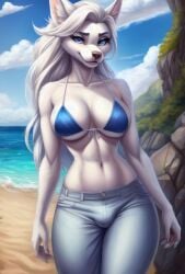 ai_generated bathing_suit beach blue_eyes bulge futanari pants sarah_snowpaw white_hair wolf