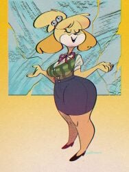 1girl 1girls 2021 2021s 2d 2d_(artwork) 2d_artwork 3:4 5_fingers abstract_background animal_crossing anthro artist_name artist_signature big_breasts blonde_female blonde_hair blonde_hair_female bottomwear breasts canid canine canis closed_eyes clothed clothing curvy_figure domestic_dog female female_focus female_only fingers footwear full-length_portrait fur furry furry_female hair hi_res high_heels isabelle_(animal_crossing) mammal monotone_bottomwear monotone_clothing monotone_skirt nintendo open_mouth pear-shaped_figure pencil_skirt portrait red_high_heels shih_tzu shoes signature skirt solo standing thick_thighs thighs toy_dog voluptuous white_body white_fur wide_hipped_female wide_hips wolftang yellow_body yellow_fur