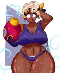 armless bandana belly_button black_body black_eyes brawl_stars brown_skin danoldfp earrings half_naked holding_head huge_breasts huge_cock maisie_(brawl_stars) panties pubic_hair_peek purple_shirt slightly_muscular supercell sweat sweatdrop sweating tight_clothing tummy white_hair