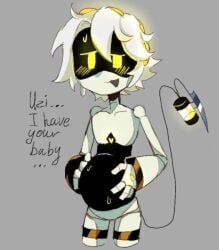 1boy artist_request drone english_text glitch_productions male male_focus male_only murder_drones n_(murder_drones) nervous pregnant pregnant_male robot robot_boy sweat talking white_body white_hair yellow_eyes