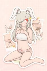 absurdres animal_ears bow bow_panties bra drawfag fate_trigger:_the_novita female hair_over_one_eye heterochromia highres kira_(trigger_of_fate_the_novita) long_hair panties peeing pink_panties puddle rabbit_ears underwear urine wet wet_clothes wet_panties white_bra white_hair