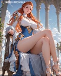 1girls 2d 2d_(artwork) ai_generated aloy big_breasts chair clouds cougwe heels high_heels horizon_forbidden_west horizon_zero_dawn large_breasts legs long_legs orange_hair pillar pillars red_hair sitting skinny slim stable_diffusion tall_girl throne