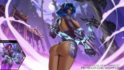 big_ass big_butt blue_hair ebony edited huge_breasts naked nude photoshop skye_(paladins) splash_art