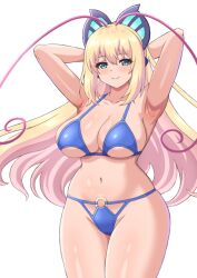 alternate_breast_size armpits arms_behind_head azure_striker_gunvolt bikini blue_bikini closed_mouth huge_breasts lumen_(gunvolt) smile