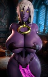 1girls 3d 3d_(artwork) arms_behind_back belly_button big_hips big_thighs busty collar collar_ring dark_elf detailed_background earrings elf fallen_throne female_only front_view huge_breasts humanoid humanoid_only loincloth looking_at_viewer manaworld midriff neckwear purple_body queen_nualia short_hair snoopz solo solo_female standing three-quarter_portrait underwear white_hair yellow_eyes