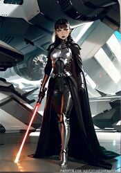 ai_generated armor armored_boots cloak goth green_eyes lightsaber looking_at_viewer sith star_wars