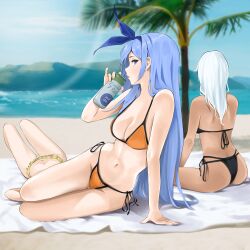 ass beach black_bikini blue_eyes blue_hair chaesu cleavage long_hair medium_breasts minah navel on_towel orange_bikini tan_skin thighs