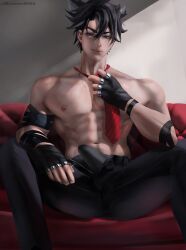 black_hair blue_eyes bulge dual_colored_hair genshin_impact male male_only necktie nipples shirtless wriothesley_(genshin_impact)