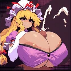 1girls ai_generated alternate_version_available blonde_hair breasts_bigger_than_head cumshot gigantic_breasts huge_breasts paizuri tagme takorin_style touhou yukari_yakumo