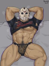 balls bara bulge flaccid friday_the_13th hands_behind_head hockey_mask howlett_kai jason_voorhees lingerie male male_only mask muscles muscular musk penis solo solo_male sweat sweating