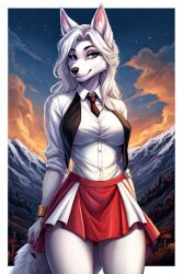 ai_generated anthro blouse blue_eyes furry furry_female red_skirt sarah_snowpaw tie white_hair wolf