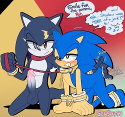 2boys anal_fingering anthro anthro_on_anthro anthro_only anthrofied bent_over blue_fur blush english_text erection fingering green_eyes handcuffs leash male male/male male_only one_eye_closed penis petplay restrained sega senshion sonic_(series) sonic_the_hedgehog sonic_the_hedgehog_(series) speech_bubble teeth terios_the_hedgehog text yaoi