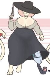 big_breasts black_dress breasts capri chubby cleavage doxxyl dress feline female furry gun huge_breasts prosthetic tagme tail thick_thighs wide_hips