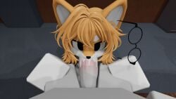 1boy1girl anthro blowjob canine cum cum_in_mouth cum_on_penis daftcritter damīnu dummy_(roblox) furry glasses large_penis office orange_fur orange_hair roblox shiba_inu