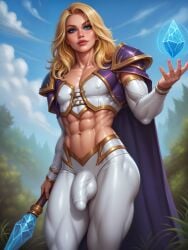 1boy ai_generated ambush_(trap) armor balls blonde_hair blue_eyes bulge clothed femboy forest jaina_proudmoore large_dick mage magic male male_only midriff muscular_abs muscular_arms muscular_femboy muscular_thighs pale-skinned_femboy penis pinup rule63 solo staff trap veiny_muscles warcraft_3 world_of_warcraft