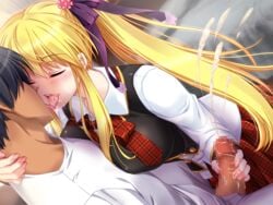 blonde_hair breasts closed_eyes cum dark-skinned_male ejaculation hair handjob kissing kyonyuu_jk_idol_seiyuu_ne_tora_re_studio large_breasts penis zion