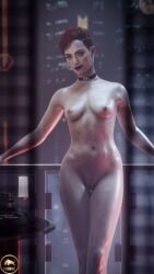 1girls 3d aurore_cassel balcony blender choker cyberpunk_2077 cyberpunk_2077:_phantom_liberty earrings ferdinand_(artist) lipstick looking_at_viewer medium_breasts nude_female only_female outside red_hair short_hair