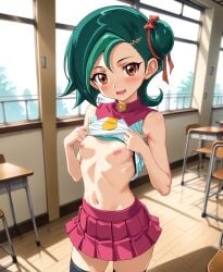 1girls ai_generated breasts classroom kotori_mizuki lifted_by_self nipples shirt_lift skirt small_breasts solo tori_meadows yu-gi-oh!_zexal