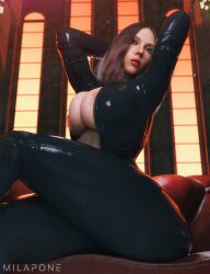 1girls 2024 3d areolae areolae_slip armpit_pose arms_up avengers black_widow_(marvel) bodysuit breast_squish covered_breasts crossed_legs crossed_legs_(sitting) eyeshadow female female_only full_body_suit green_eyes latex_bodysuit lipstick long_hair looking_forward low-angle_view marvel marvel_cinematic_universe marvel_comics milapone mostly_clothed mostly_clothed_female natasha_romanoff red_hair red_lipstick silver_eyeshadow sitting sitting_on_couch sky solo squished_breasts sunset thighs uninterested uninterested_female unzipped_bodysuit voluptuous voluptuous_female windows