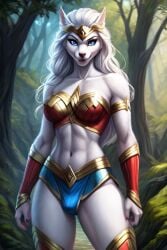 ai_generated anthro blue_eyes bulge cosplay futanari sarah_snowpaw white_hair wolf wonder_woman_(cosplay)