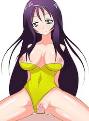 arms_behind_back bare_shoulders black_hair blue_eyes blush body_blush breasts censored cowgirl_position eye_contact female final_fantasy final_fantasy_vii hair kageneko large_breasts leotard leotard_aside long_hair looking_at_another looking_at_viewer male_pov mirarutsu nipple_slip nipples penis pollensalta pov pov_eye_contact purple_hair pussy sex smile solo spread_legs straddle sweat unseen_male_face vaginal_penetration