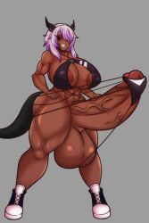 1futa abs balls black_sclera breasts clothed clothing dark-skinned_futanari dark_skin demon_girl demon_horns erection futa_only futanari huge_balls huge_cock humanoid humanoid_penis hyper_balls hyper_penis mostly_nude muscular muscular_futanari original_character penis pink_hair solo speedweeb179 standing