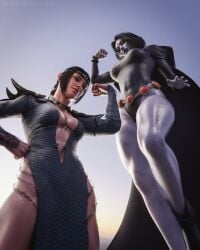 2girls 3d baldur's_gate_3 crossover female female_only flexing flexing_bicep looking_at_viewer multiple_girls muscular muscular_female nyxenartz raven_(dc) self_upload shadowheart smile smiling smiling_at_viewer teen_titans thighs