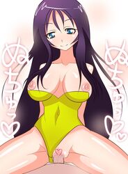 arms_behind_back bare_shoulders black_hair blue_eyes blush body_blush breasts censored cowgirl_position eye_contact female final_fantasy final_fantasy_vii hair kageneko large_breasts leotard leotard_aside long_hair looking_at_another looking_at_viewer male_pov mirarutsu nipple_slip nipples penis pollensalta pov pov_eye_contact purple_hair pussy sex smile solo spread_legs straddle sweat translation_request unseen_male_face vaginal_penetration