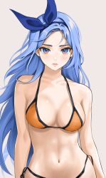 bikini blue_eyes blue_hair chaesu cleavage lips long_hair medium_breasts minah navel orange_bikini ribbon