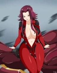 1girls akiza_izinski bodysuit breasts brown_eyes fanart female huge_breasts izayoi_aki kinguart large_breasts red_hair tight_clothes tight_clothing yu-gi-oh! yu-gi-oh!_5d's