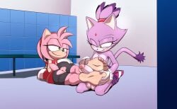 amy_rose blaze_the_cat cock_and_balls eidolon_(artist) feet foot_fetish footjob furry futanari horny naked_futa ripped_shorts sonic_(series) sonic_the_hedgehog_(series) spandex_shorts