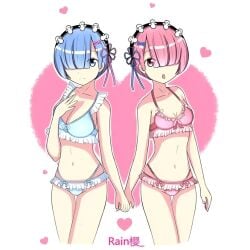 bikini blue_bikini blue_eyes blue_hair light_blue_bikini pink_bikini pink_eyes pink_hair ram_(re:zero) re:zero_kara_hajimeru_isekai_seikatsu rem_(re:zero)