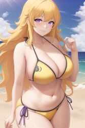 ai_generated beach bikini blonde_hair busty cleavage curvy purple_eyes rwby self_upload transformationwitch yang_xiao_long yellow_bikini