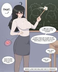 ahoge belly_expansion big_breasts black_hair blackboard breast_expansion comic english_text expansion hitama pregnant pregnant_belly pregnant_female teacher teaching teaching_a_lesson text thigh_expansion