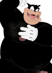 2025 anthro belly big_belly black_body black_nose censored clothing eto1212 felid feline genitals gloves handwear hi_res humanoid_hands kemono male mammal moobs musk nipples open_mouth overweight overweight_male penis pete_(disney) simple_background solo white_background