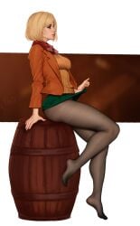 1girls 2023 ashley_graham ashley_graham_(ella_freya) barrel blonde_hair blue_eyes capcom clothed clothing female female_only freli hi_res pantyhose resident_evil resident_evil_4 resident_evil_4_remake side_view sitting sitting_on_barrel skirt_lift solo thick_thighs