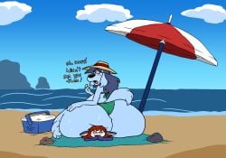 1girls anthro ass beach beach_towel beach_umbrella bikini blue_fur blue_hair blush blush_lines canine canine canine_humanoid cooler english_text fat fawxen female female_only furry hat hips hyper_ass large_ass lita_(fawxen) ocean overweight overweight_female red_hair rock sand sitting sitting_on_person sun_hat sunhat sweat sweatdrop sweating text thick_thighs thighs umbrella water wide_hips