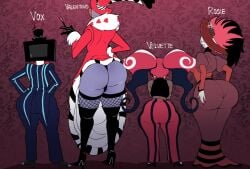 2boys 2girls ass ass_focus back big_ass big_butt black_footwear black_gloves black_hair black_panties blackwhiplash blue_skin boots breasts bubble_ass bubble_butt butt character_name clothes_lift clown colored_skin curvy demon_boy demon_girl dress dress_lift english_text female femboy fishnet_thighhighs fishnets formal from_behind full_body fur_trim gloves grey_skin hand_on_own_hip hands_on_own_hips hat hat_feather hazbin_hotel heart high_heel_boots high_heels huge_ass jacket jester juliet_sleeves large_breasts long_hair long_sleeves male multicolored_hair multiple_boys multiple_girls panties pants personification pink_hair pinstripe_pattern plump plump_ass plump_butt plump_thighs purple_skin red_dress red_hair red_headwear red_pants rosie_(hazbin_hotel) shortstack skindentation skirt smile standing striped_clothes striped_headwear striped_pants suit take_your_pick thick thick_butt thick_thighs thigh_boots thighhighs thighs thong top_hat twintails underwear valentino_(hazbin_hotel) velvette vertical-striped_clothes vertical-striped_pants vivienne_medrano vivziepop vox_(hazbin_hotel) wide_ass wide_hips wide_thighs