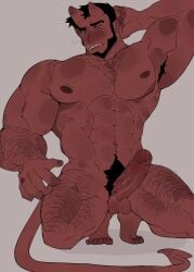 abs aries03220 balls bara beard biceps big_balls big_penis boner demon demon_horns devil devil_horns erection male male_nipples male_only male_pubic_hair muscular_male nipples nude pecs penis red_body red_skin solo solo_male