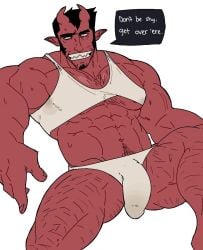 abs aries03220 bara biceps big_bulge bulge demon demon_horns devil devil_horns english_text flaccid male male_only manly muscular_male pecs red_body red_skin solo solo_male text underwear