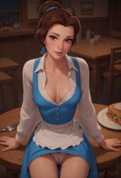 1girls ai_generated angel_light_(artist) apron artist_name beauty_and_the_beast belle belle_(beauty_and_the_beast) breasts brown_eyes brown_hair cameltoe chair cleavage coffee_pot cup disney disney_princess dress_lift female female_only fork hair_ribbon hair_up indoors long_sleeves medium_breasts panties panty_peek princess sandwich_(food) solo source_removed source_request table waist_apron white_shirt window